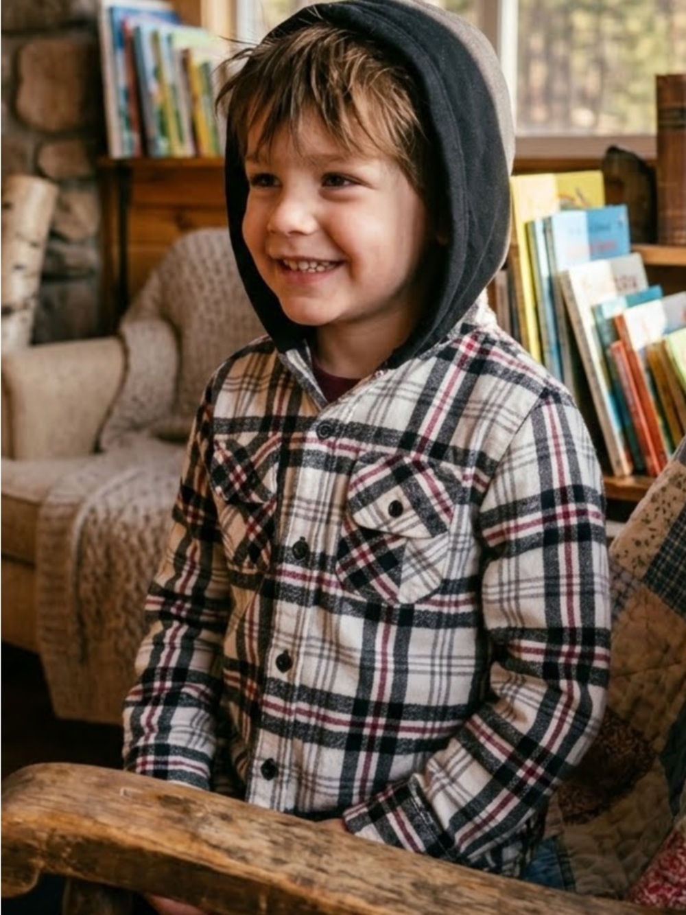 Kids Plaid Button-Down Shirt with Hood - Cream & Black